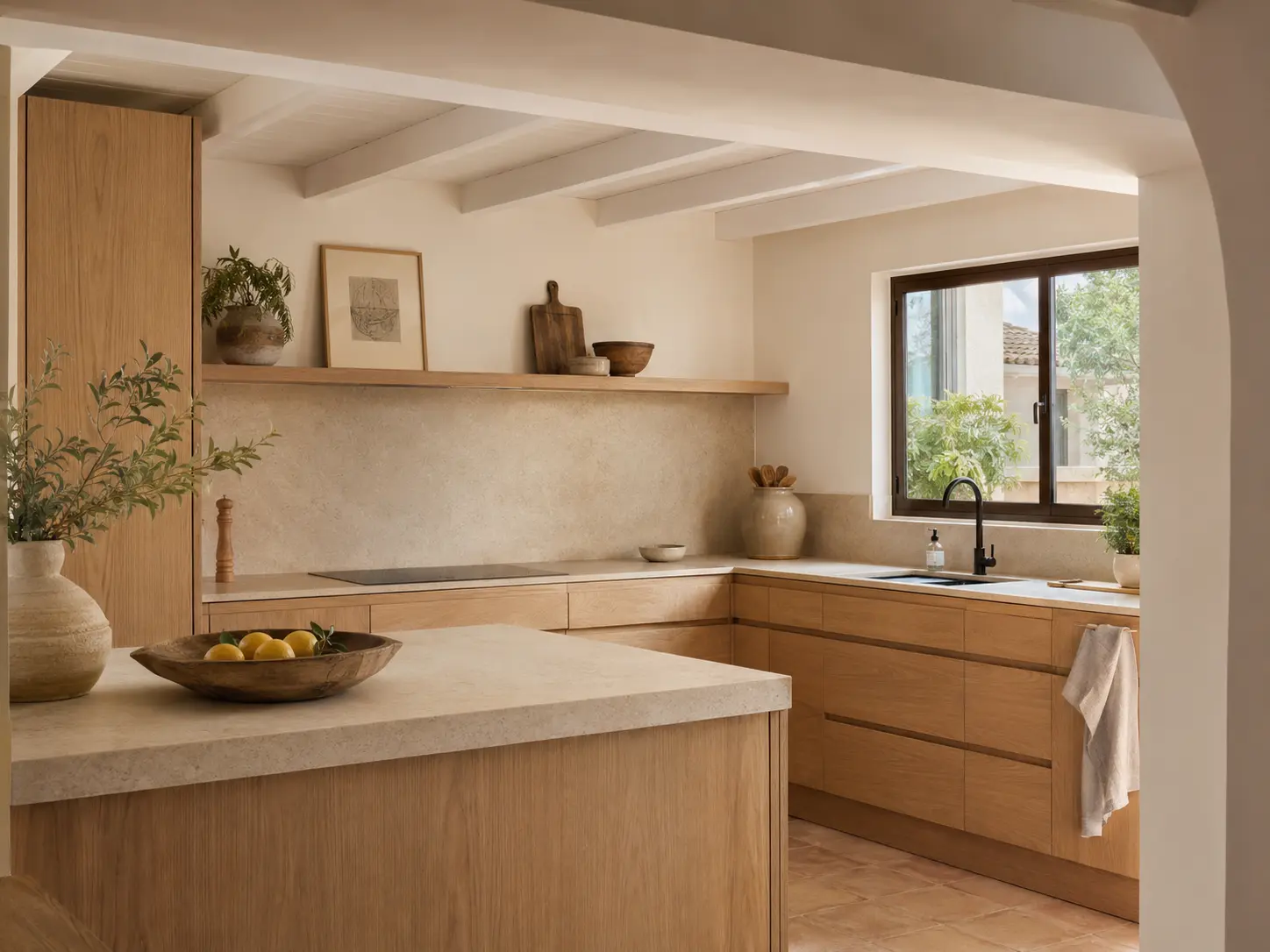 Cocina reformada con madera y piedra clara