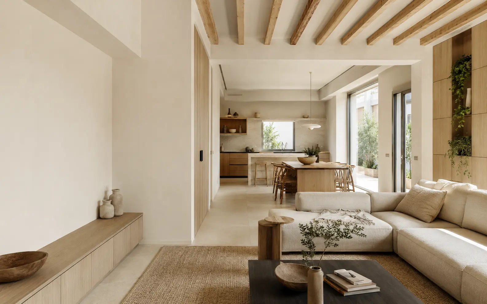 Interior reformado con cocina abierta, piedra y madera clara